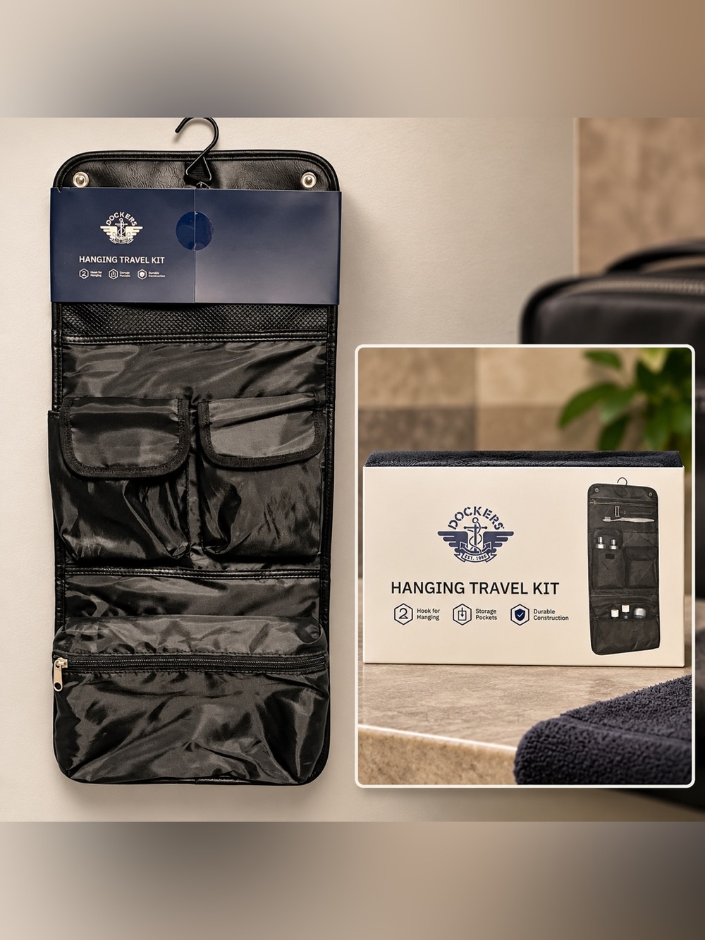 Dockers Hanging Travel Kit Black Toiletry Bag New Never Used